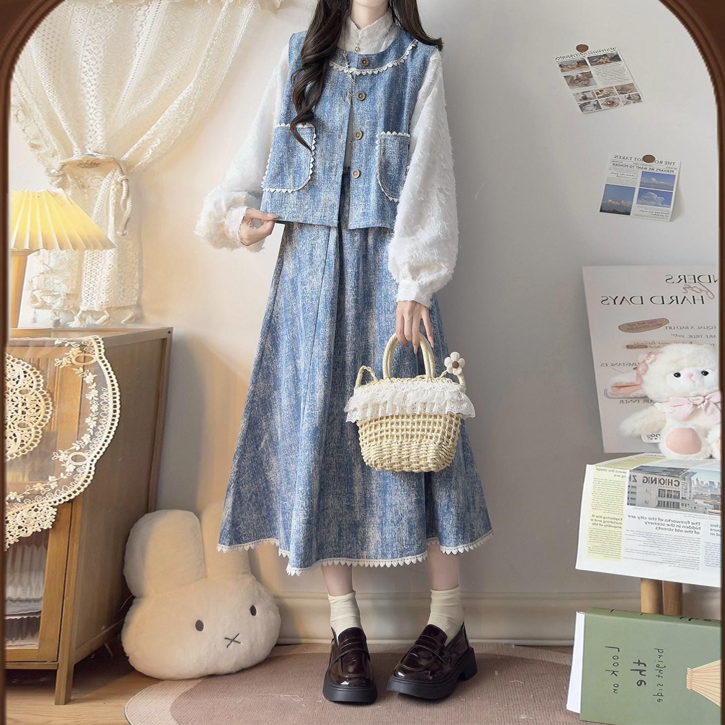 蓝色小清新牛仔提花套装裙女春秋2026新款设计感马甲半身裙三件套