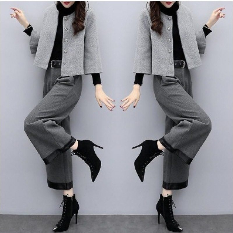 2025新款女装秋冬大码两件套裤毛呢短外套阔腿裤休闲时尚套装女潮