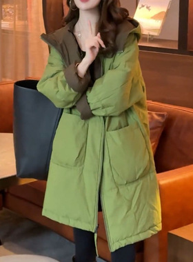 轻奢高级绿色显白好看棉服外套2025冬季新款休闲中长款棉服外套女
