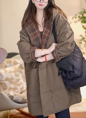 大码女装高级感中长款棉服气质复古宽松风衣外套秋冬夹棉连帽棉衣