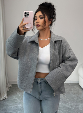 秋冬跨境欧美优雅高级拉链翻领长袖夹克外套女装2025秋冬亚马逊