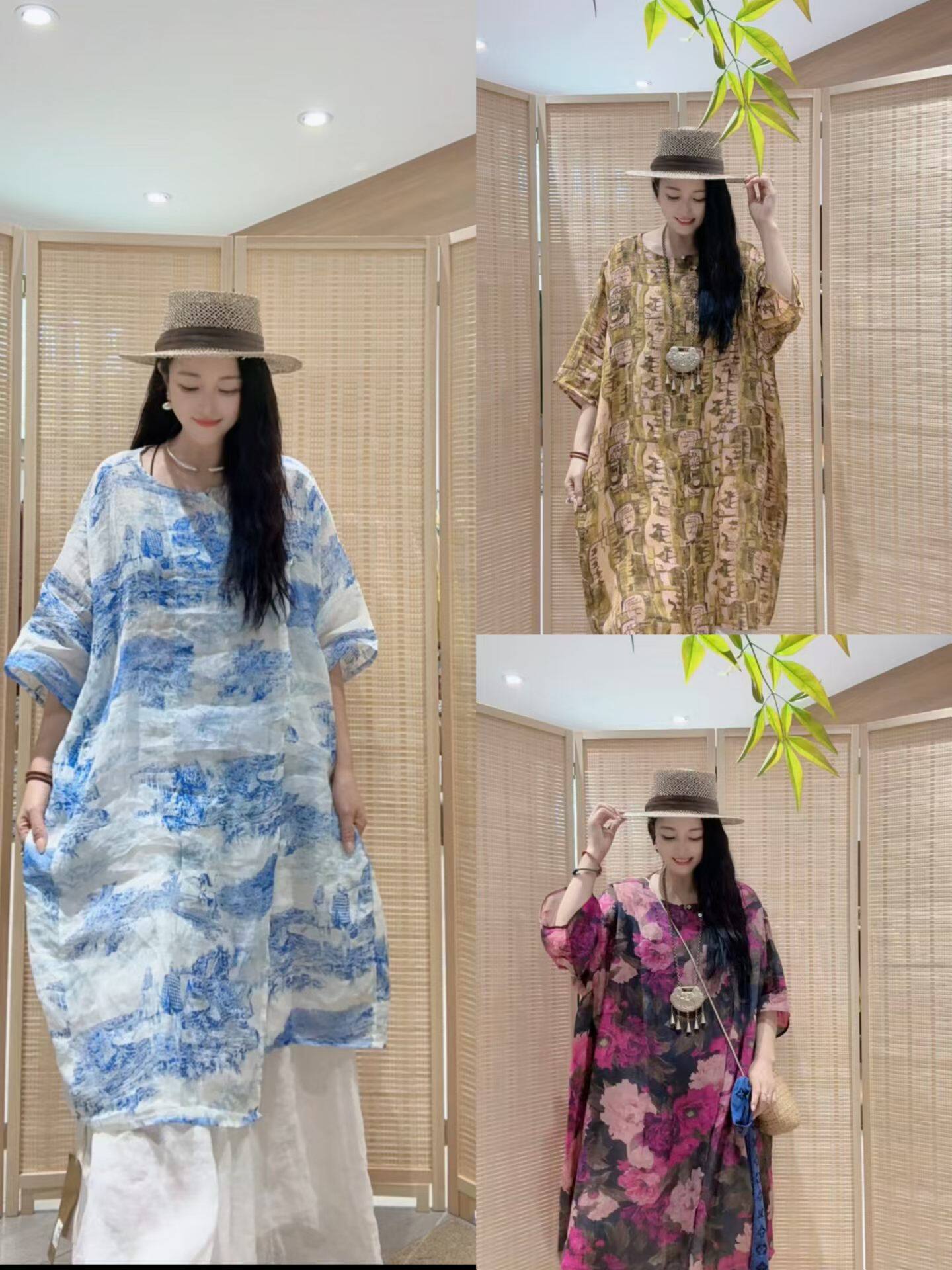 2026春夏新款新中式苎麻国风复古印花连衣裙女宽松显瘦气质长裙子