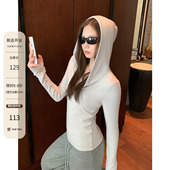 女士秋冬加绒帽衫 HAMYIHO 白色磨毛半拉链连帽打底衫 内搭合身上衣