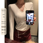 HAMYIHO 小众内搭T恤 上衣韩版 纯欲绑带内里磨毛v领打底衫 女修身