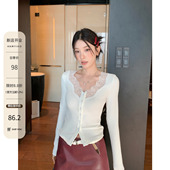 v领纽扣拼接上衣女士2026春季 HAMYIHO内里磨毛开衫 蕾丝内搭打底衫