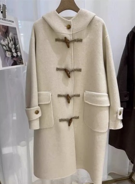 韩国2025年新款长毛牛角扣双面羊毛大衣女中长款宽松连帽呢子外套