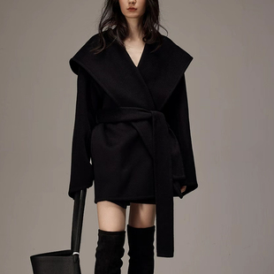 2025新款连帽式宽松短款系带双面骆驼绒大衣廓形呢子外套冬季