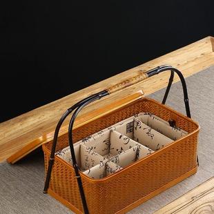 手工竹编提篮 便携茶具收纳盒 中式 复古长方形家用带盖防尘收纳筐