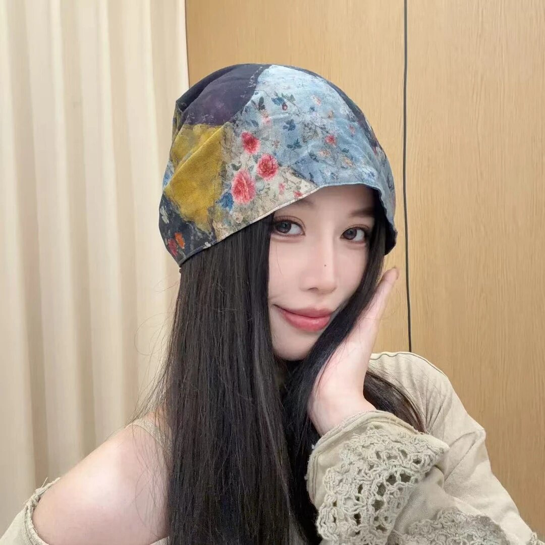 复古扎染堆堆帽透气帽子双面可戴显脸小头巾帽冷帽遮阳防晒包头帽