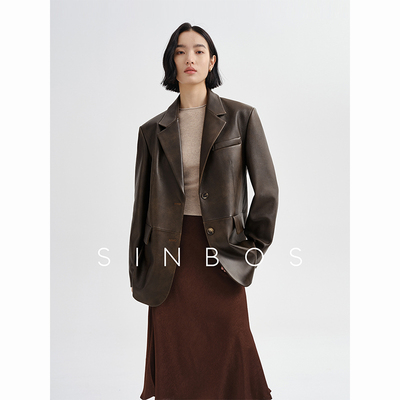 sinbos古城旧影 西装皮衣女真皮夹克秋季新款美拉德复古羊皮外套