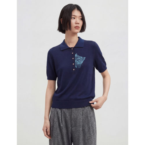 【含羊毛含桑蚕丝】夏季时尚气质Polo领别致提花针织衫女t恤