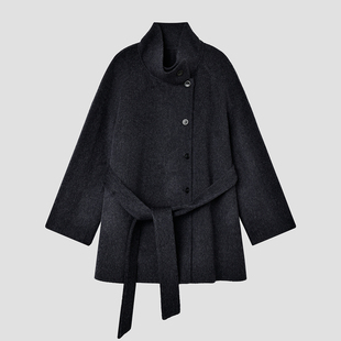 复古女士羊毛双面呢外套秋季ROW立领宽松廓形羊毛呢大衣