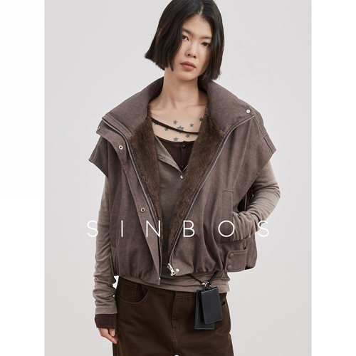 SINBOS克林索尔 双面穿立领青根貂毛皮草工装马甲女2025秋冬新款