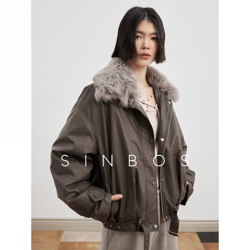 SINBOS酷感锋芒 复古油蜡风可拆卸羊毛胆皮草派克服女25秋冬新款