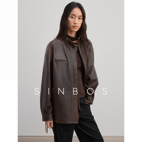 SINBOS时光漫序 双色擦色做旧山羊皮H型真皮衣外套女2025冬季新款