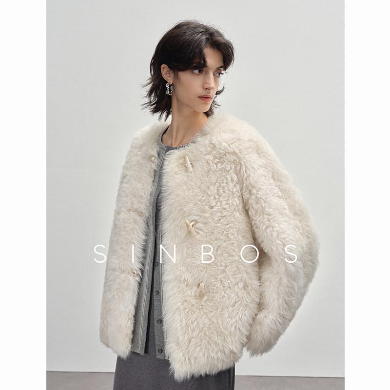 SINBOS点雪 进口托斯卡纳皮毛一体女圆领冬季新款羊羔毛皮草外套图片