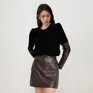 玛黑夜话 丝绒长袖T恤女赫本风优雅秋季蕾丝镂空长袖女士T恤