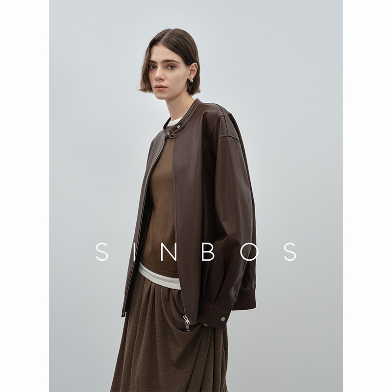 SINBOS野蔷薇 真皮皮衣女宽松立领夹克25秋季新款蜡感绵羊皮外套图片