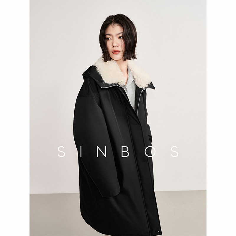SINBOS潜域 三防面料90%鸭绒羽绒服女冬季新款连帽中长款派克大衣图片