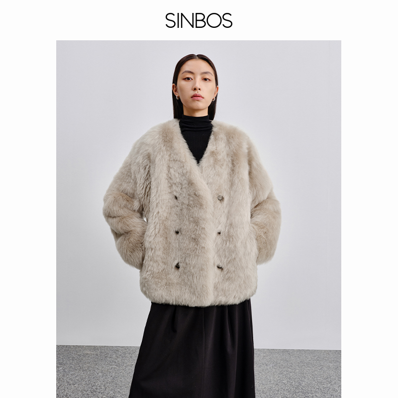 SINBOS凌霜 進(jìn)口托斯卡納皮毛一體女V領(lǐng)2023冬新款羊羔毛皮草外套
