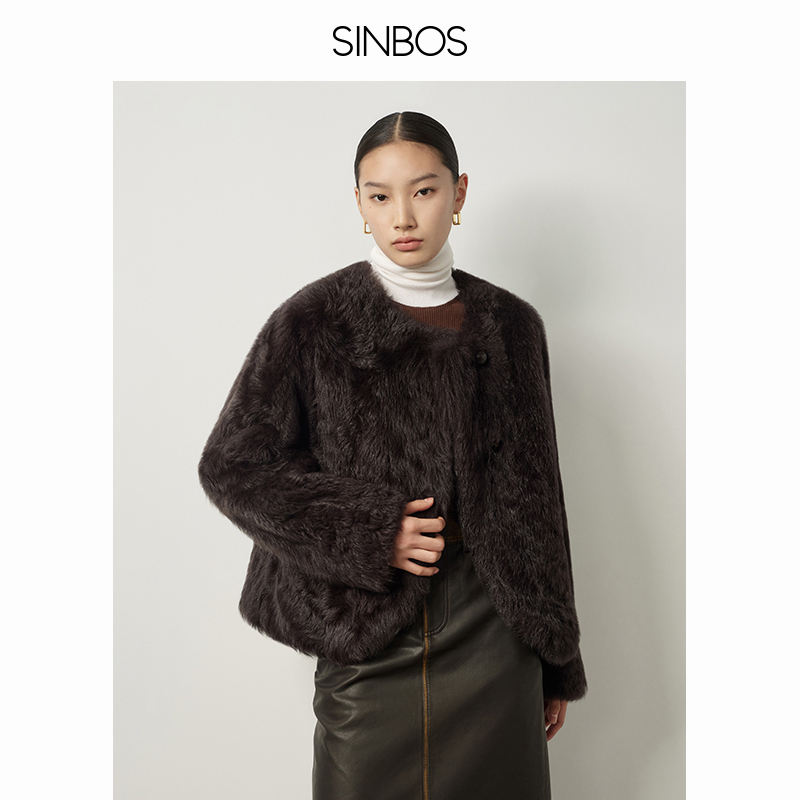 SINBOS進口托斯卡納皮毛一體女圓領(lǐng)2024冬季新款羊羔毛皮草短外套