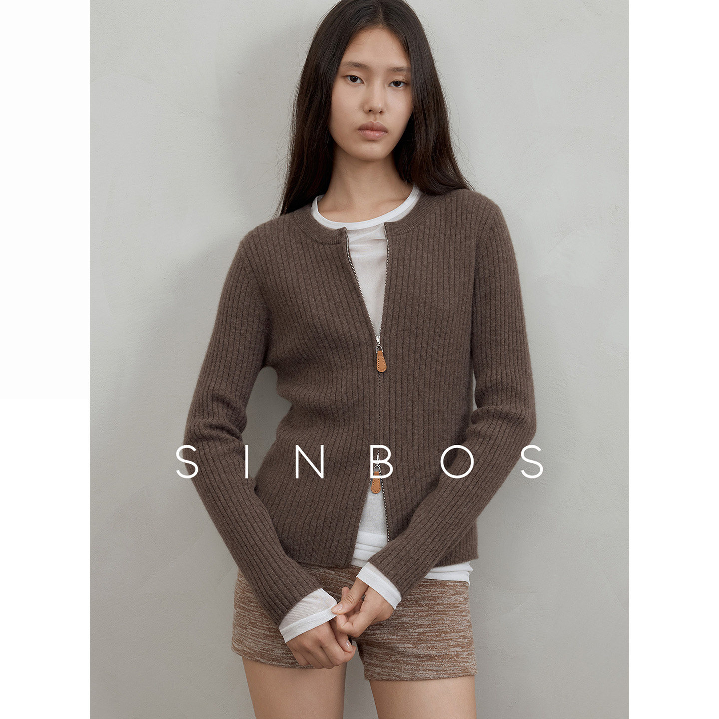 SINBOS雾织间 复古双开拉链纯羊绒针织修身女士外套2025秋季新款图片