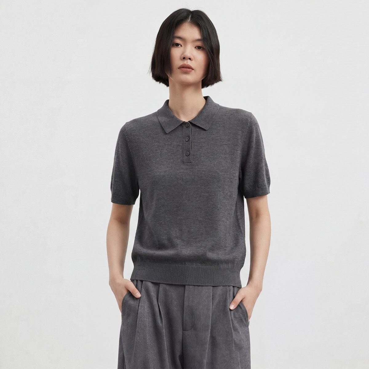【含羊毛】夏季时尚通勤气质Polo领短袖套头t恤女针织衫上衣图片