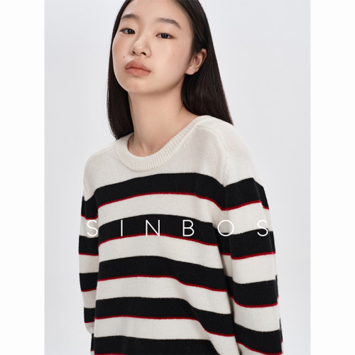 SINBOS宾州午茶 亲肤山羊绒混纺羊毛针织衫三色条纹圆领毛衣女