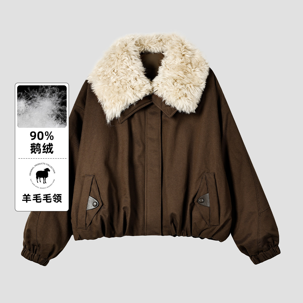 90鹅绒羊毛领羽绒服女冬季厚款保暖复古女士廓形羽绒外套图片