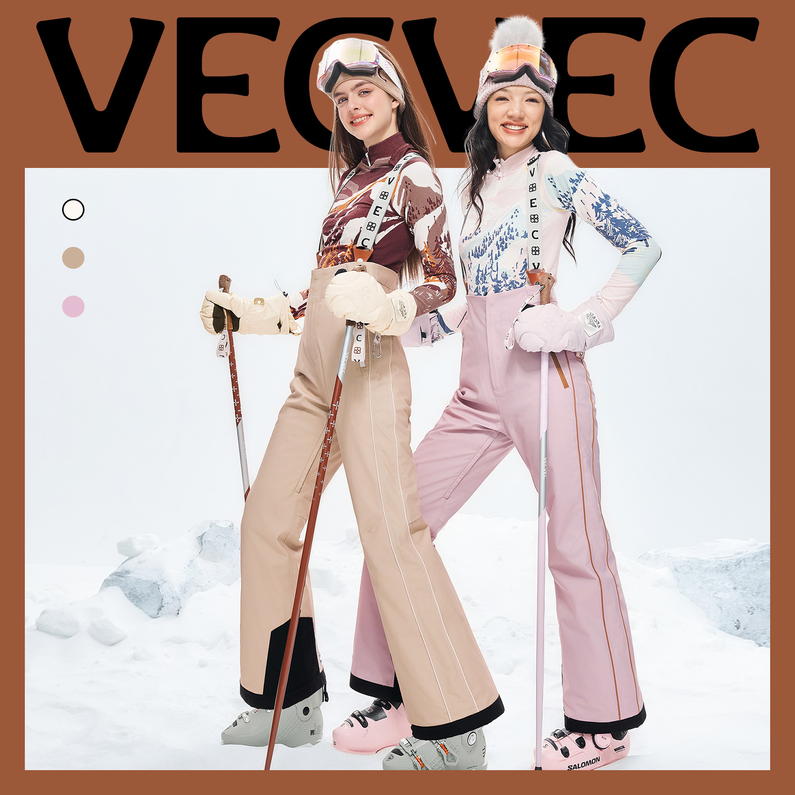 VECVEC滑雪裤双板防风防水耐磨防寒夹棉复古风可拆卸背带修身女