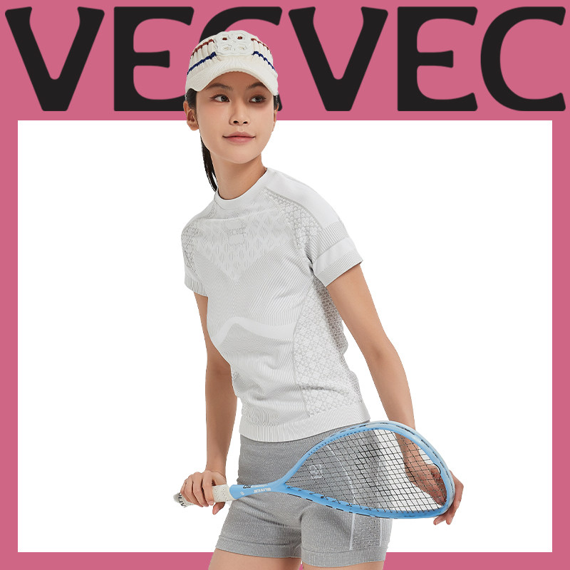 VECVEC速干衣白色女短袖功能T恤一体织高尔夫网球运动排汗打底衣