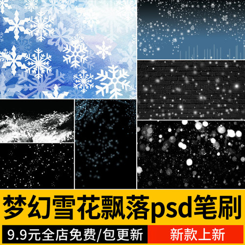 ps模板雪花飘落 梦幻雪景写真 笔刷背景冬天影楼 后期PSD设计素材