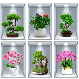 新款3D立体效果盆栽贴画客厅三联装饰画出租屋过道楼梯墙面自粘画