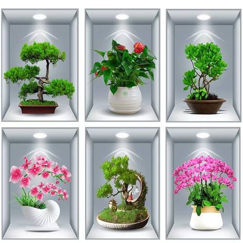 新款3D立体效果盆栽贴画客厅三联