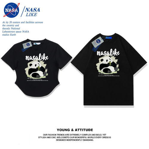 NASA联名熊猫夏季情侣装一长一短纯棉正肩短袖t恤男女款短款上衣