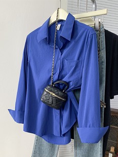 情侣装 2025新款 衬衫 长袖 外套慵懒风外穿衬衣女 深蓝色透气高弹夏季