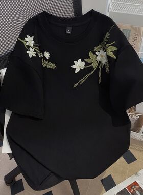 黑色短袖刺绣树叶重磅纯棉t恤男女宽松春夏2025新款半袖小众上衣