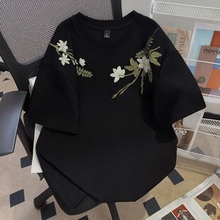 小众上衣 半袖 黑色短袖 刺绣树叶重磅纯棉t恤男女宽松春夏2026新款