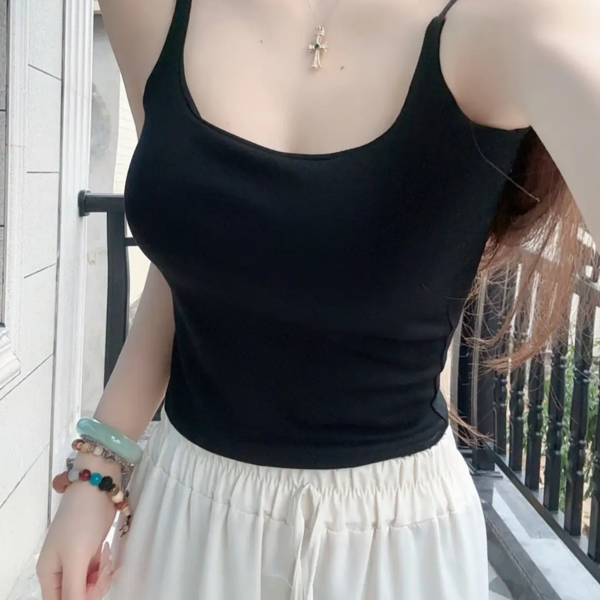 黑色打底背心女夏带胸垫美背文胸一体式内衣黑色吊带无痕内搭外穿