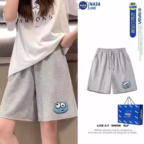 NASA纯棉休闲百搭运动透气短裤男女同款夏季阔腿直筒大码五分裤子