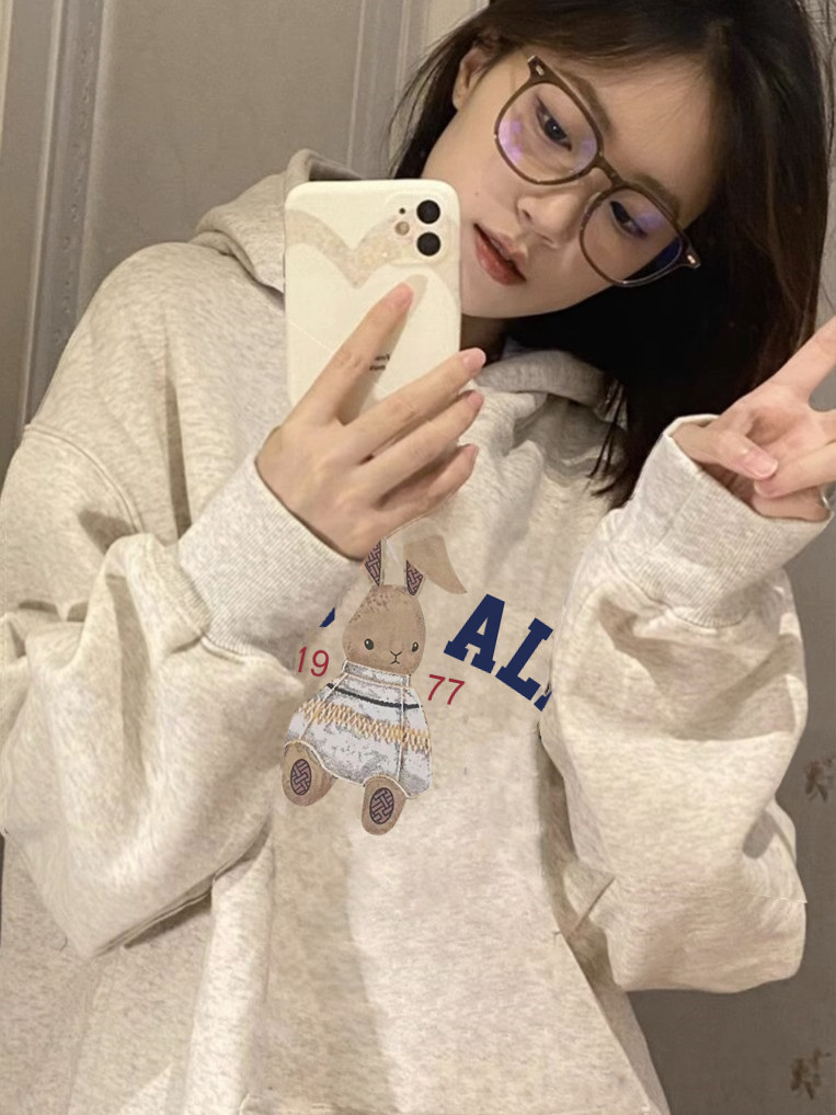 NASA联名兔子纯棉加绒加厚美式套头圆领宽松卫衣男女情侣装秋冬季