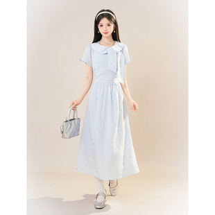 娃娃领甜美宽松简约气质通勤长裙 少女感减龄浅蓝色连衣裙2025夏季