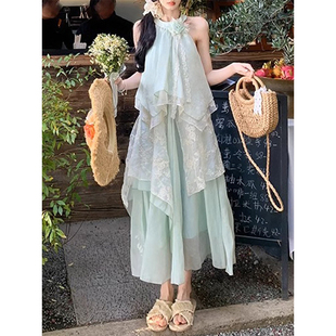 海边度假蕾丝拼接长裙 法式 温柔甜美无袖 挂脖连衣裙女夏季 2025新款