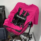 男潮上衣服 小众别致T恤女宽松ins短袖 玫红色100%纯棉情侣短袖 夏季