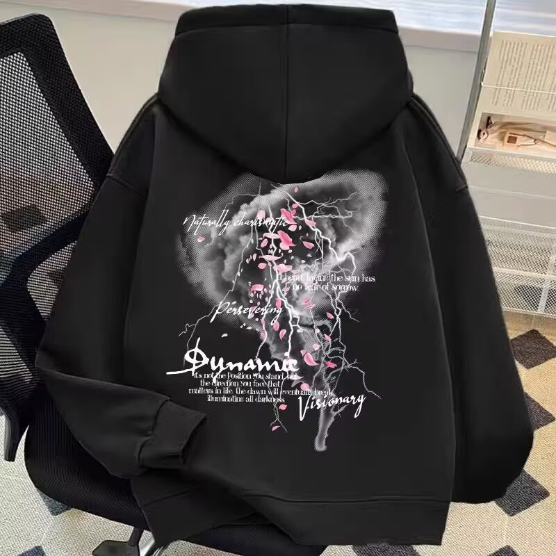 美式高街闪电龙卷风印花加绒卫衣