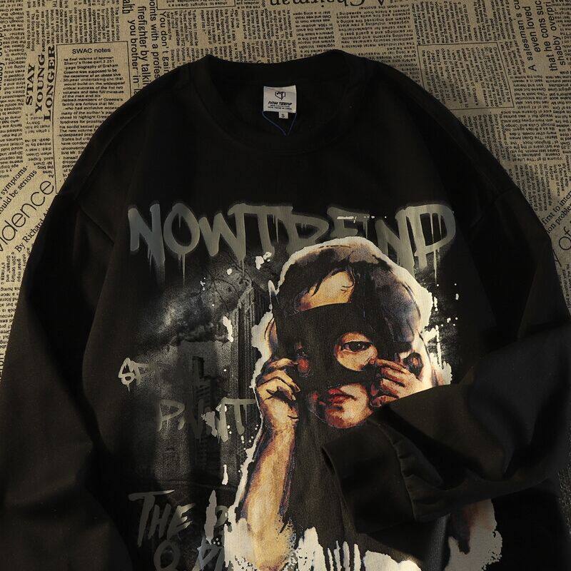 蝙蝠面具美式复古宽松版圆领卫衣