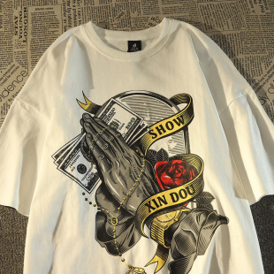 美式 复古高街潮牌100%纯棉短袖 t恤男嘻哈hiphop宽松潮流ins体恤衫