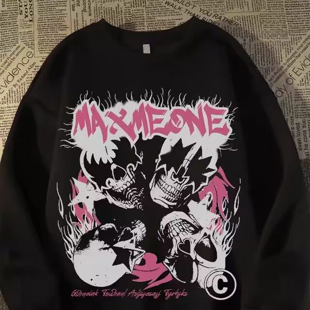 美式高街骷髅印花圆领卫衣宽松版