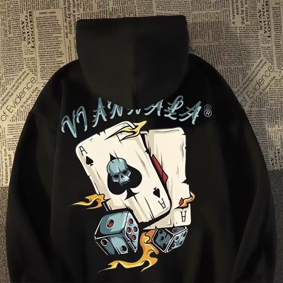 美式复古骷髅扑克连帽卫衣宽松版