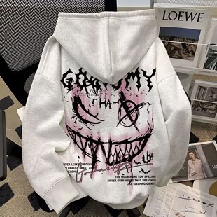 欧美高街潮牌恶魔笑脸印花连帽卫衣男女街头oversize宽松情侣外套